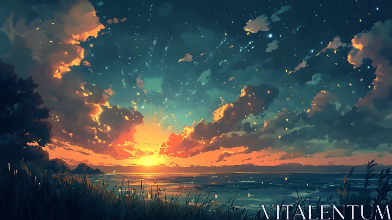 Radiant twilight seascape renders volumetric clouds in motion