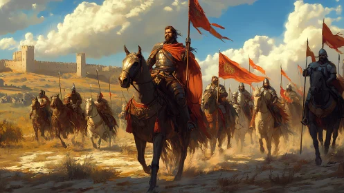 Armored cavalry commander advances under sweeping crimson standards