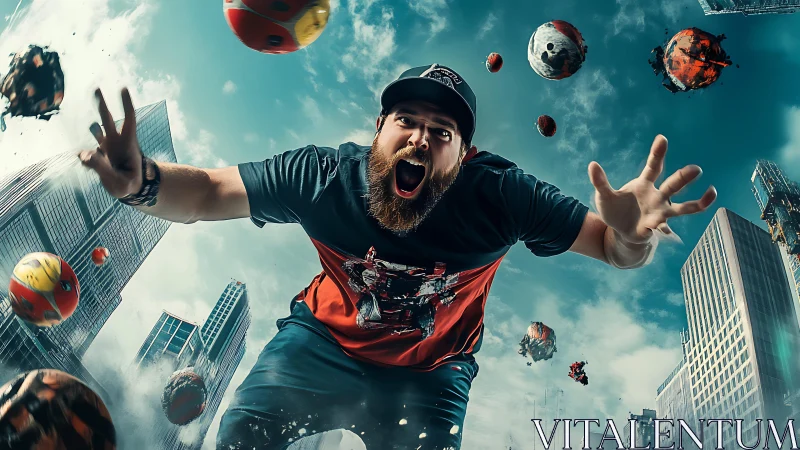 Bearded man falls toward camera amid floating fireballs