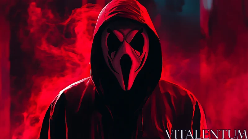 Hooded masked figure in red smoke filled digital artwork.