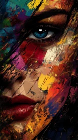 Fragmented chromatic female portrait with intense blue eye