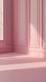 Soft pink neoclassical room with elongated wall shadows.