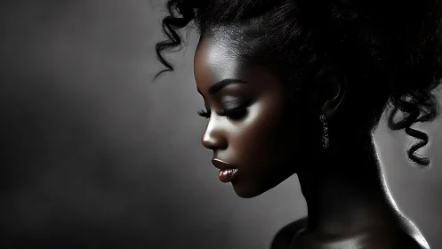 Side-lit profile study of woman with high-gloss skin shading