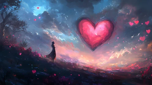 Solitary Figure Witnesses Luminous Heart in Dreamscape Sky.
