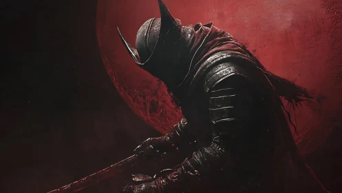 Armored warrior crouches under red moon with drawn weapon