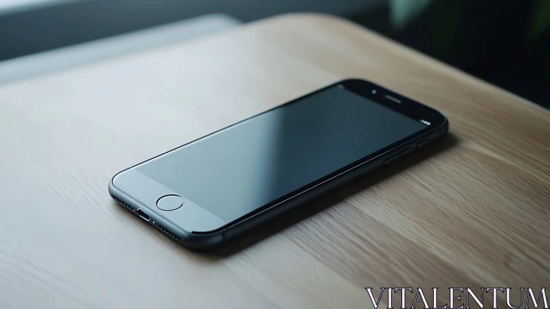 Sleek Smartphone Rests on Light Wood Table.