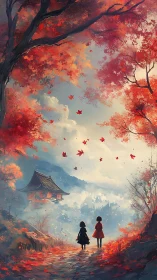 Crimson maple dreams guide two children toward misty temple.