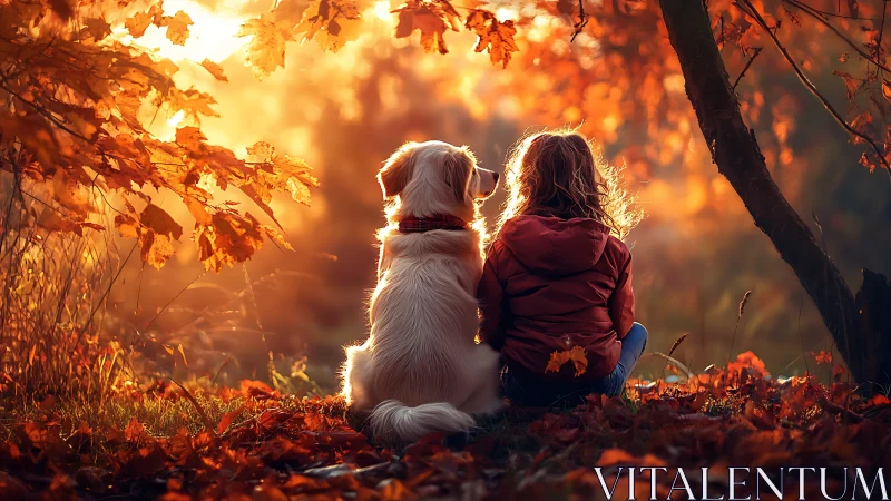 Child and Golden Retriever Silhouetted in Autumn Backlit Foliage