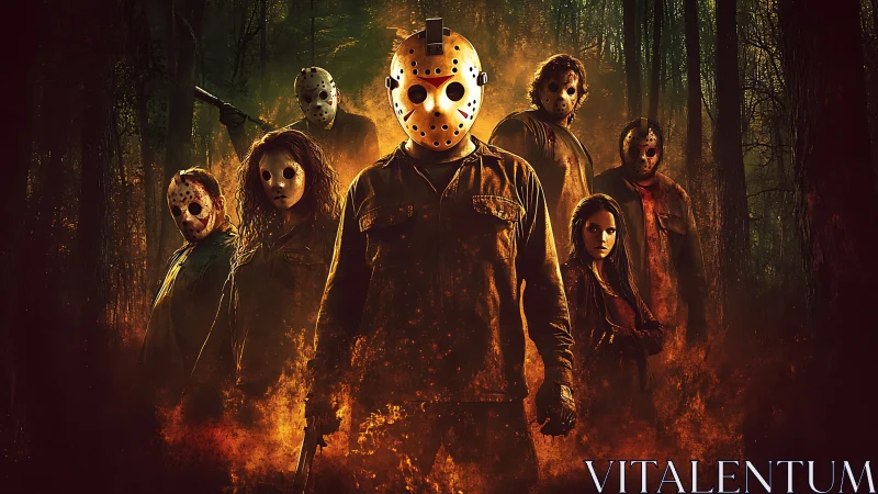 Masked slasher figures in burning forest horror ensemble poster