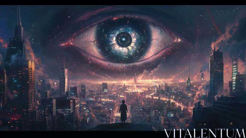 Gigantic cybernetic eye surveils neon-drenched dystopian cityscape