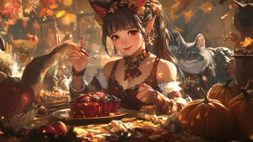 Cat-eared girl sits at autumn feast table with berry tart