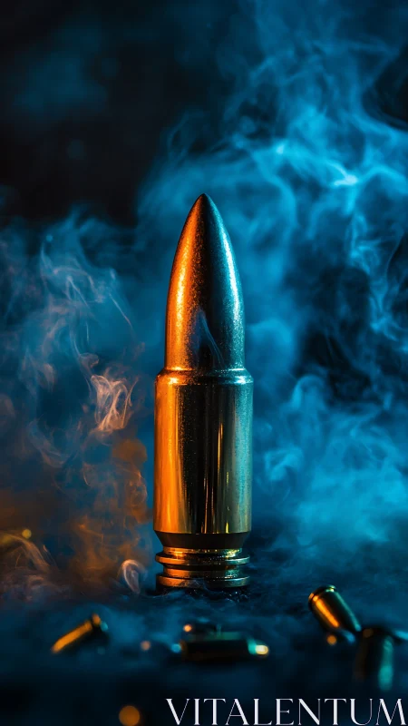 Single brass bullet in colored smoke on dark background.