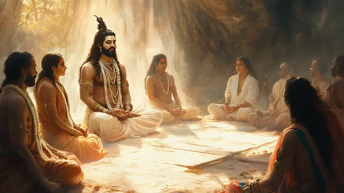 Meditating guru with disciples in sunlit forest cave circle.