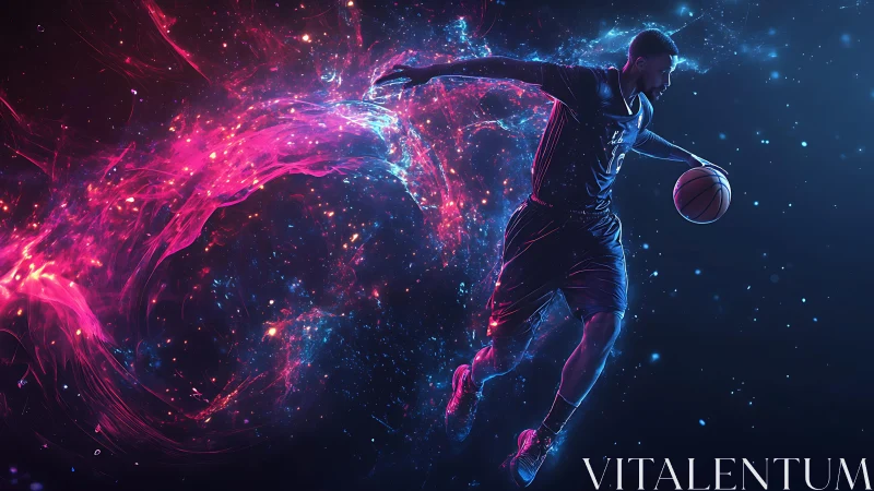 Dynamic basketball dribble rendered with neon particle motion field