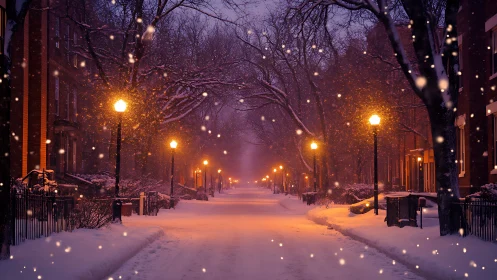 Snowy city street under warm lamplight at winter dusk.