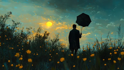 Umbrella wanderer greeting a molten teal and gold sky.