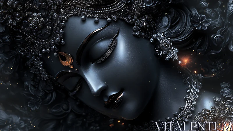 Divine obsidian goddess portrait with ornate filigree.