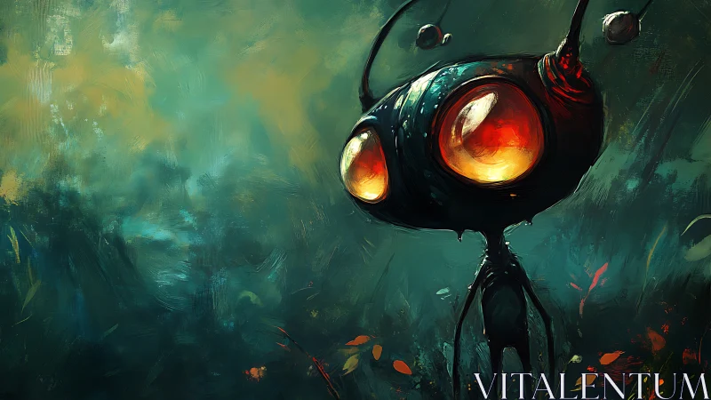 Insectoid figure stands in teal-toned abstract environment