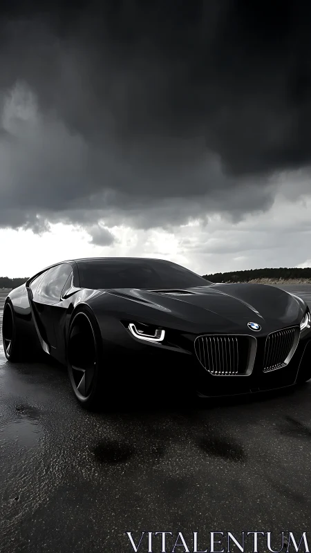 Black BMW concept coupe under dark storm clouds.