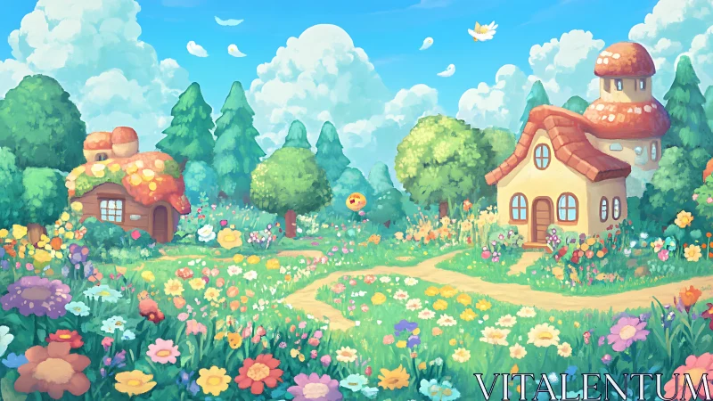 Whimsical cottage village in lush floral landscape composition.