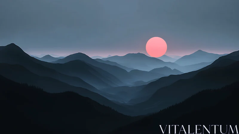 Minimalist blue mountainscape with pink atmospheric sun.