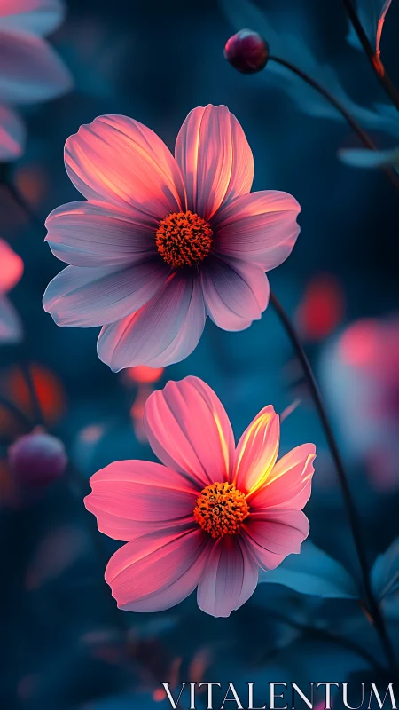 Pink Cosmos Flowers Glowing Against Dark Blue Background.