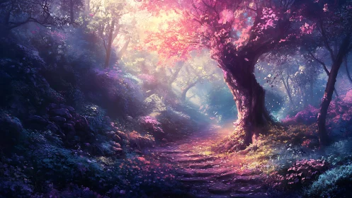Enchanted Forest Path: Where Light Dances Through the Trees.