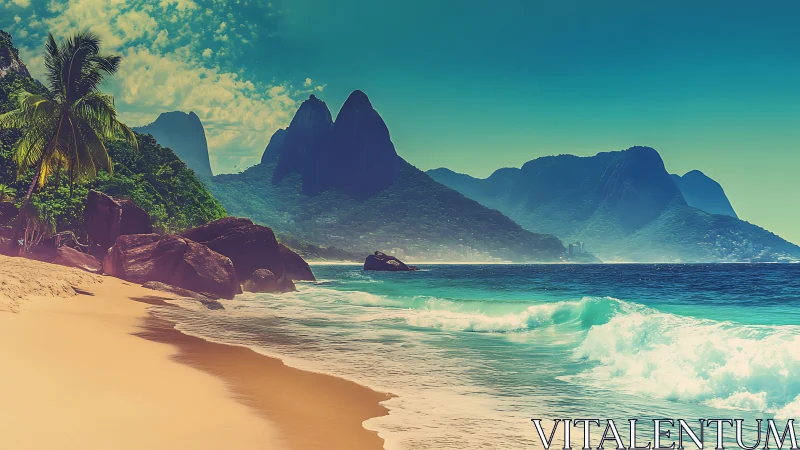 Tropical Coastline with Dramatic Basalt Peaks and Turquoise Surf