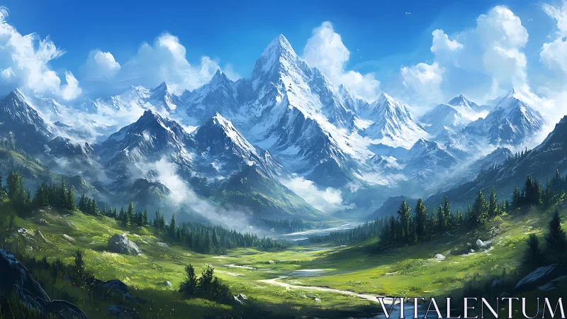 Snowcapped alpine range above luminous green valley. Period.