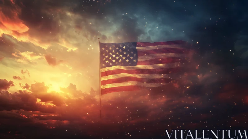 American flag glowing against dramatic storm sky at dusk.