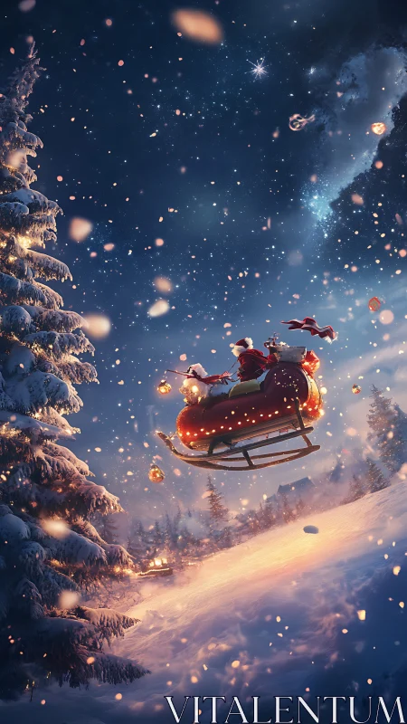Santa in luminous sleigh over sparkling winter forest night.