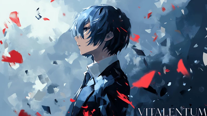 Blue-haired dreamer in a storm of crimson fragments.