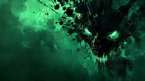 Spectral neon skull emerging from chaotic toxic-green abyss