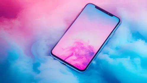 Dreamy smartphone drifting through neon cotton clouds.