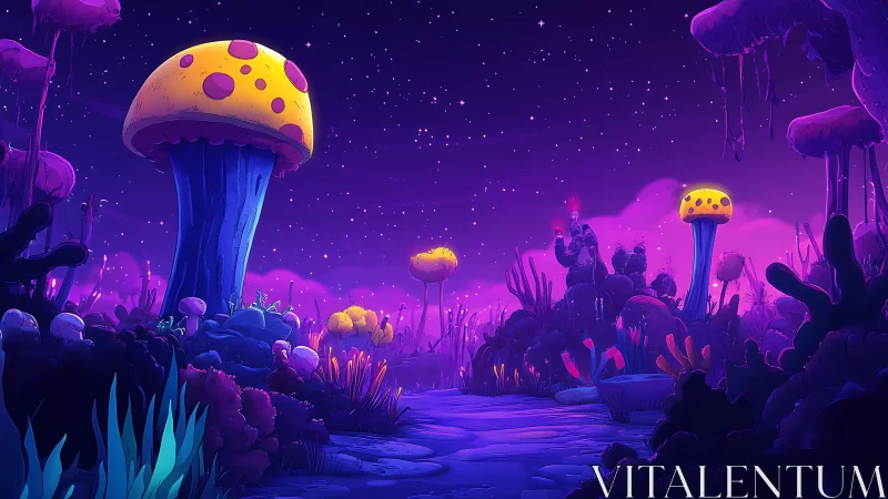Neon mushroom valley beneath a glowing alien night sky.