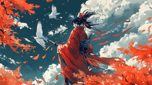 Samurai in red kimono among autumn leaves and white birds.