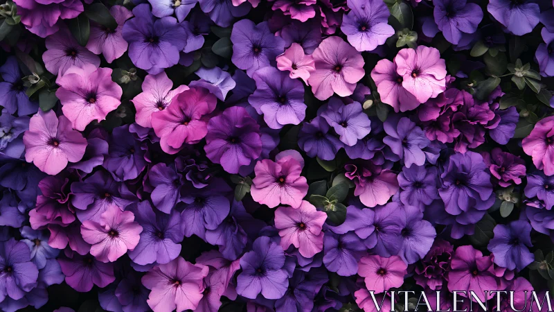 Purple petunias perform their chromatic ballet in densest bouquet arrangement