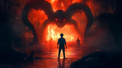 Midnight wanderer confronts a molten, many-limbed nightmare