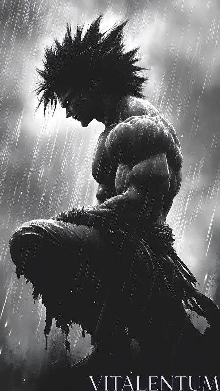 Solitary warrior kneels in rain, muscles tense in profile