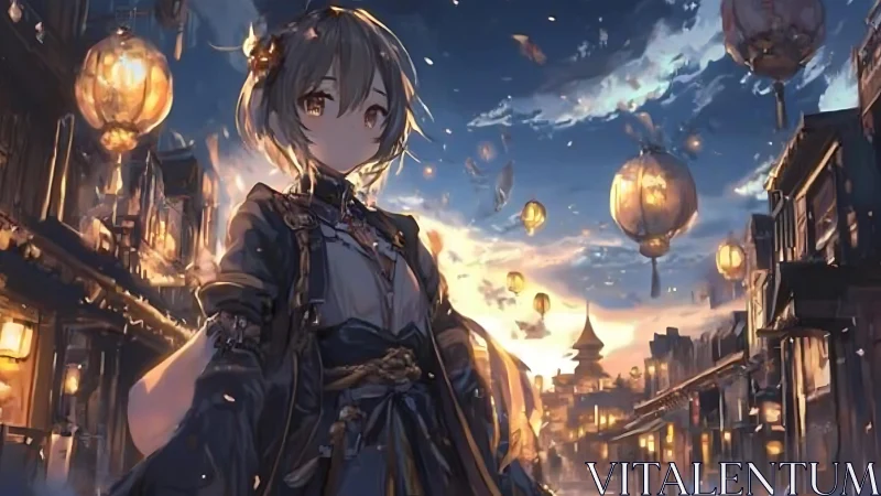 Lantern-lit anime girl walks dusk festival street scene.