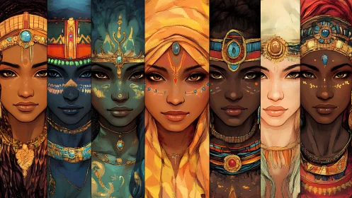 Diverse regal women in ornate headdresses, digital art portrait series.