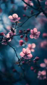 Delicate Pink Cherry Blossoms Against Moody Teal Background.