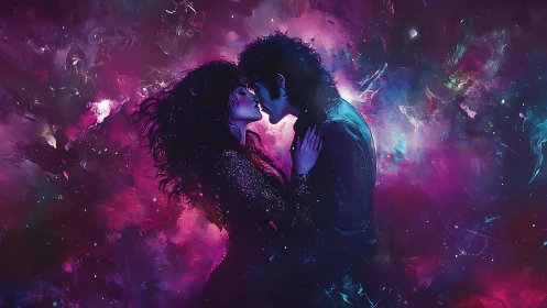 Silhouetted figures against nebula light display