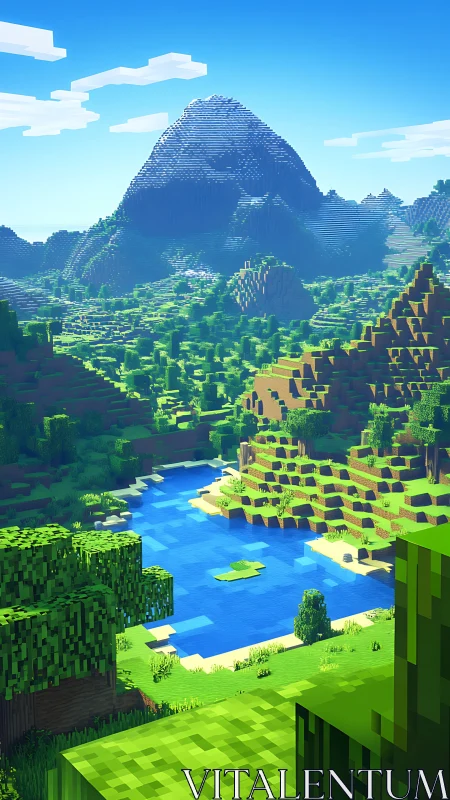 Sunny pixel valley with tranquil river and distant mountain.