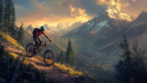 Mountain Biker Descends Alpine Trail at Golden Hour