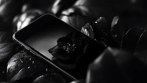 Black Petals Rest Against Smartphone Screen.