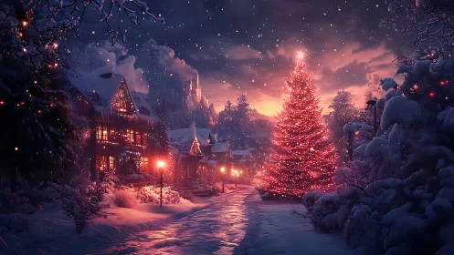 Snow-laced village avenue crowned by a glowing Christmas tree.