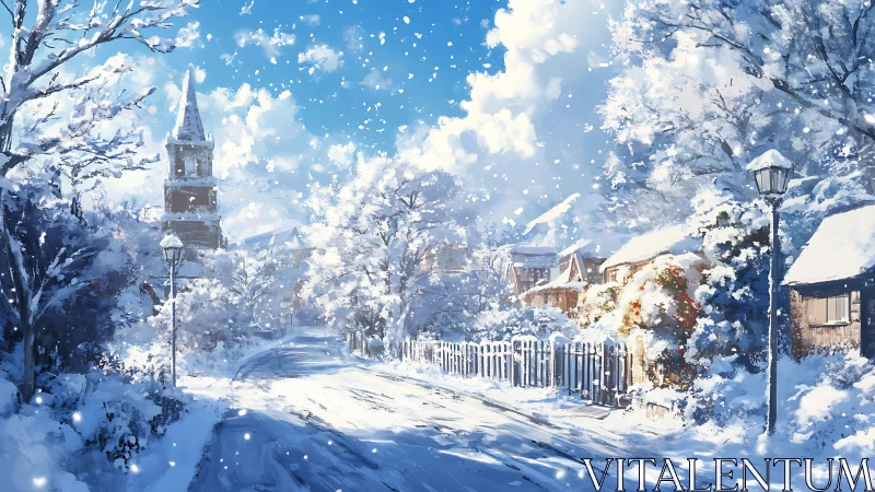 Snow-covered village street under bright winter sunlight