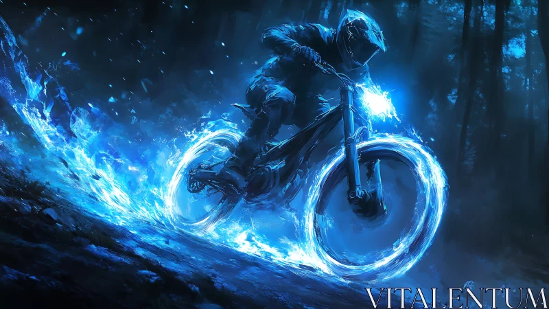 Mountain biker rides through glowing blue energy trail