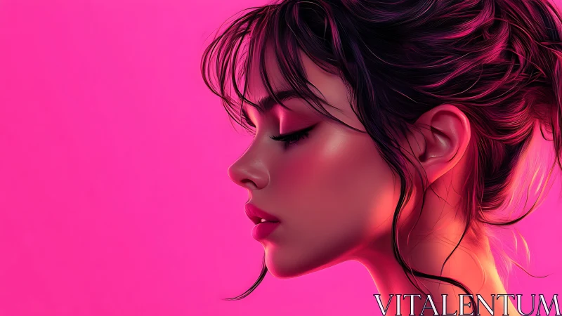 Profile portrait shows stylized female face in pink light